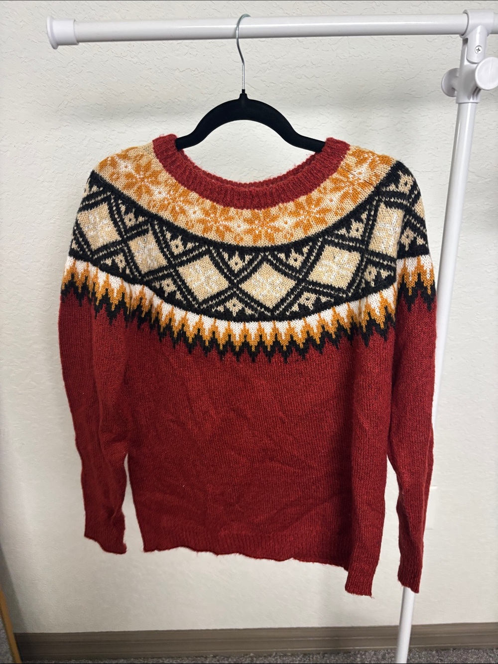 Cozy Fair Isle Crewneck Sweater in Rust and Mustard